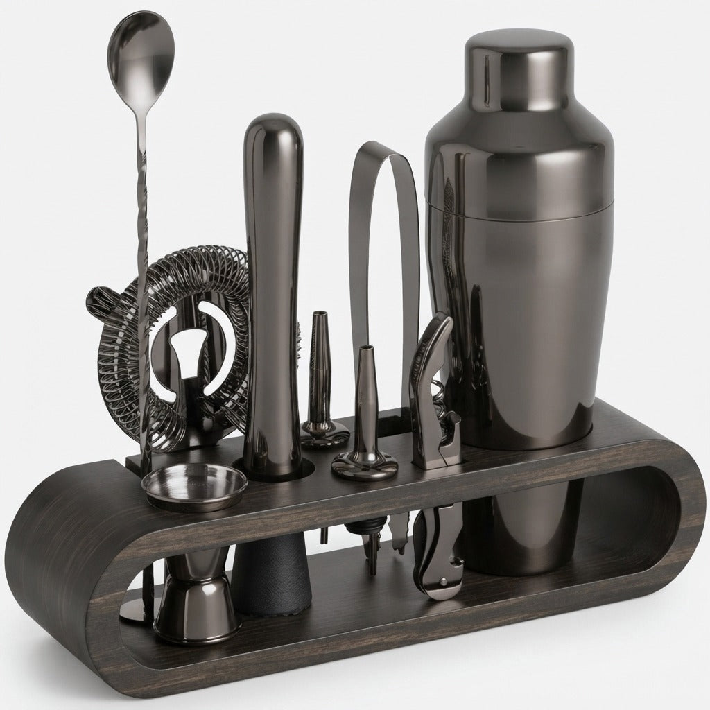 10-Piece Stainless Steel Cocktail Tool Set with Bamboo Stand