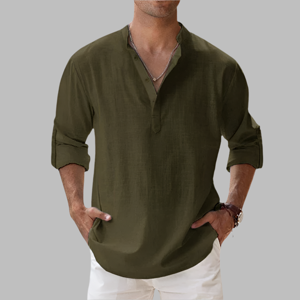 Charly | Men's V-Neck Linen Shirt with Rolled Sleeves