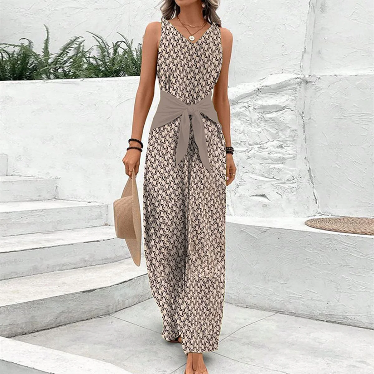 Charly | Women's Sleeveless Wide-Leg Jumpsuit with V-Neck and Tie Waist