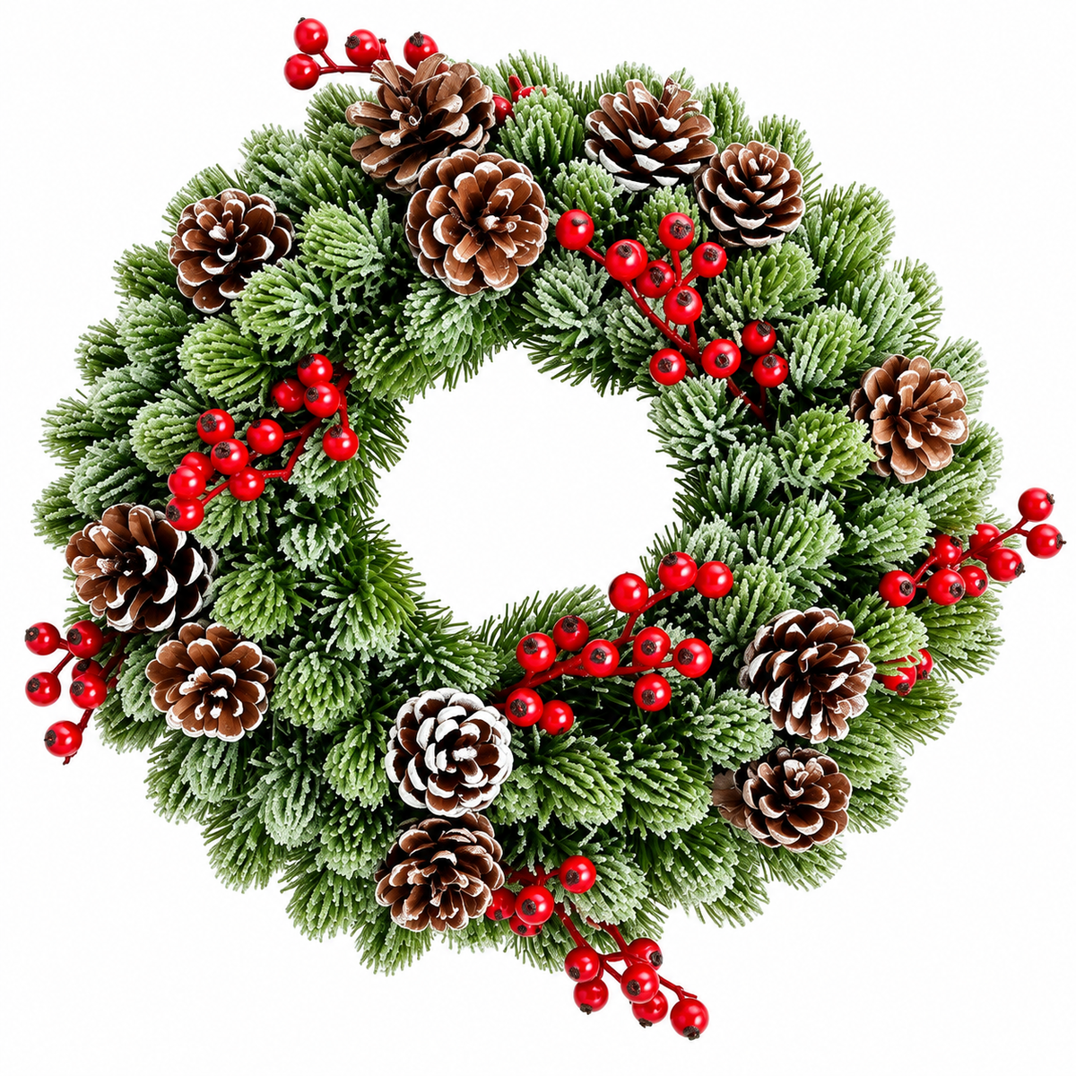 Christmas Wreath with Snow Effect, Red Berries and Pine Cones