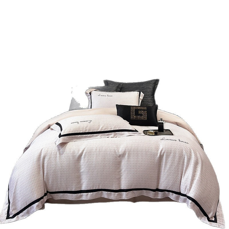 Cotton Sateen Bedding Set with Fine Micro-Pattern, Black Contrast Piping and Embroidered Lettering