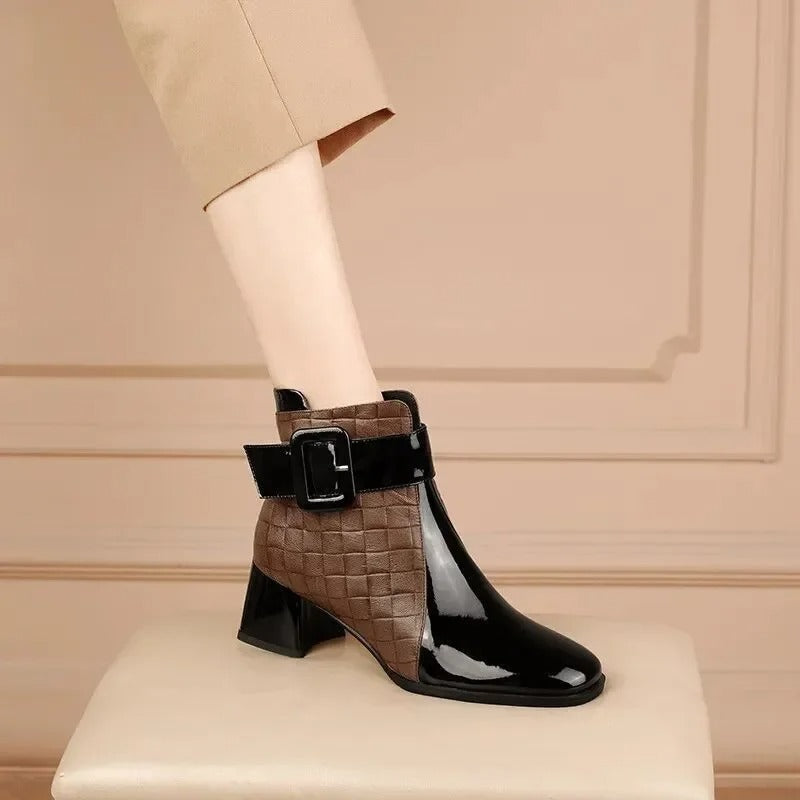 Croc-Effect Block-Heel Ankle Boots with Chic Buckle
