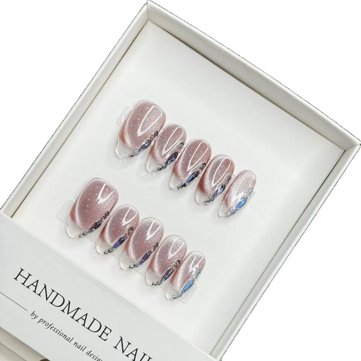 Handmade Press-On Nail Set with Glitter and Gem Embellishments