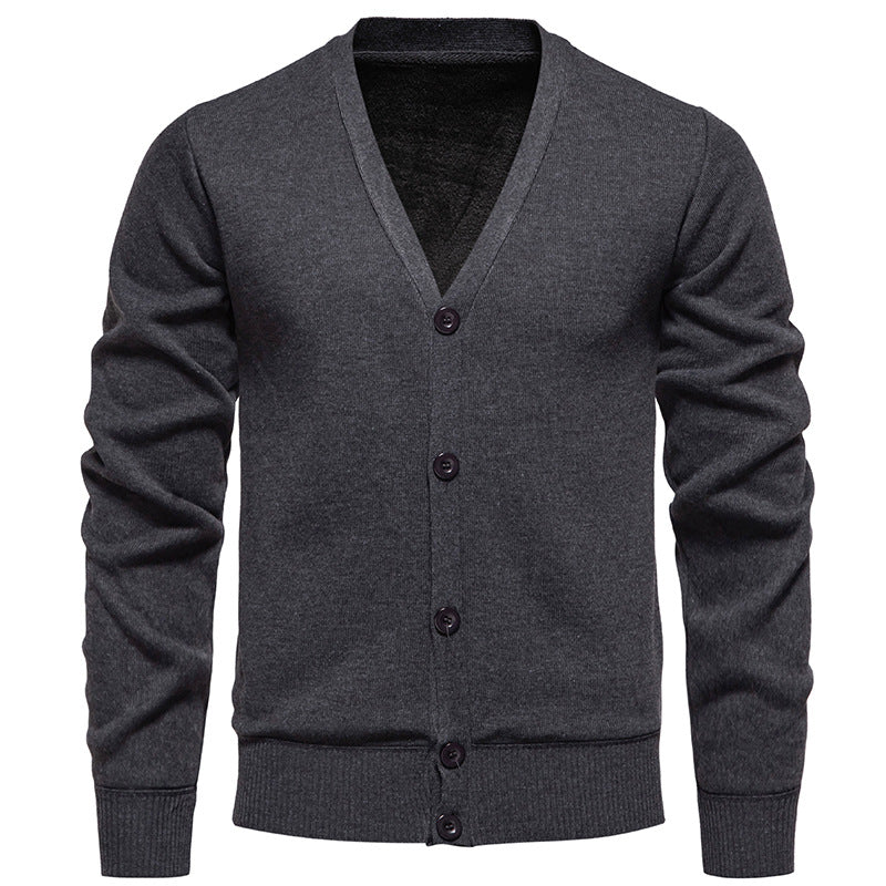 Men's Lightweight Fine-Knit V-Neck Cardigan with Concealed Button Placket and Ribbed Cuffs
