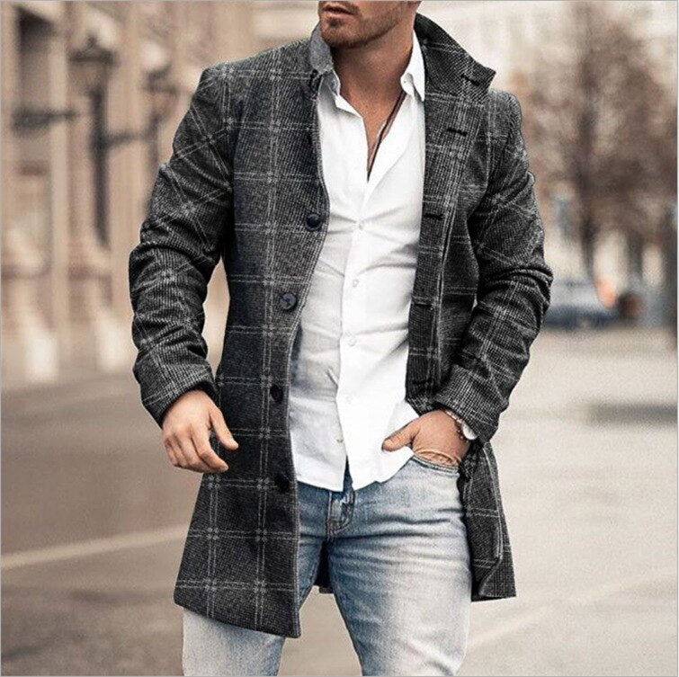 Men's Plaid Wool Coat with a Clean Silhouette