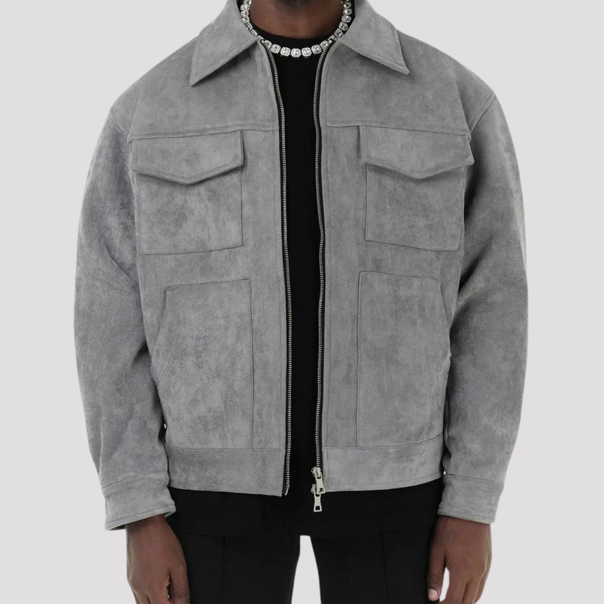 Men's Suede-Look Zip-Up Trucker Jacket with Chest Pockets