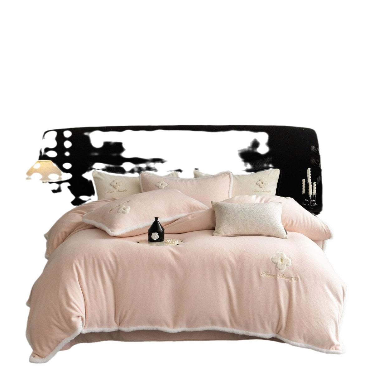 Plush Microfiber Bedding Set with Flower Appliqué and Teddy Trim
