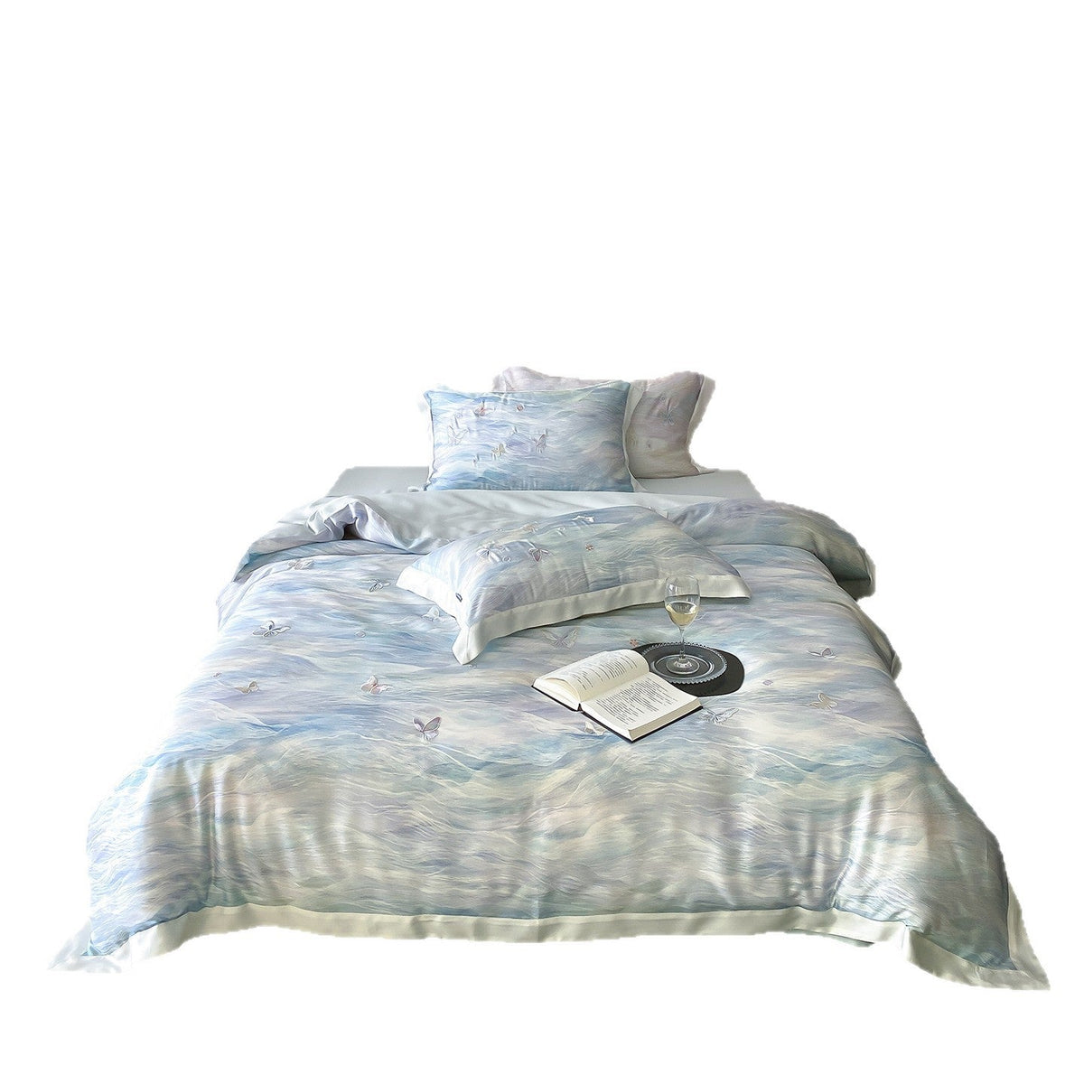 Satin Bedding Set with Watercolor Gradient and 3D Butterfly Embroidery