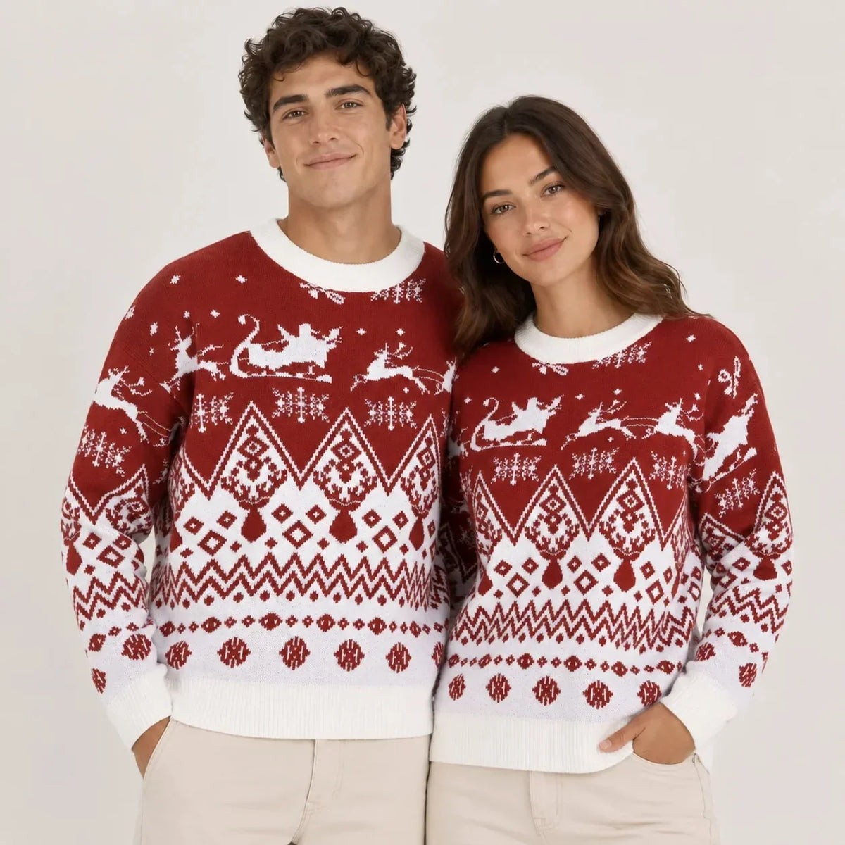 Unisex Christmas Reindeer Jacquard Knit Crewneck Sweater