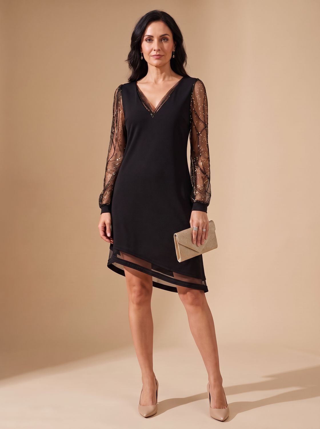 Women's Black Christmas Party Mini Dress with Sheer Sequin Long Sleeves and V-Neck