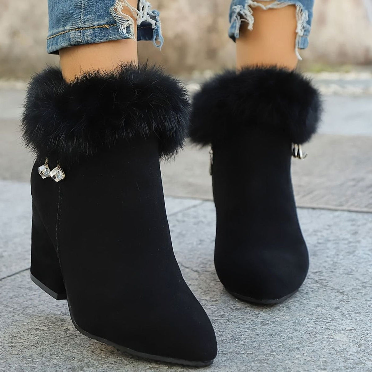 Women's Black Fur-Trim Pointed-Toe Block-Heel Ankle Boots