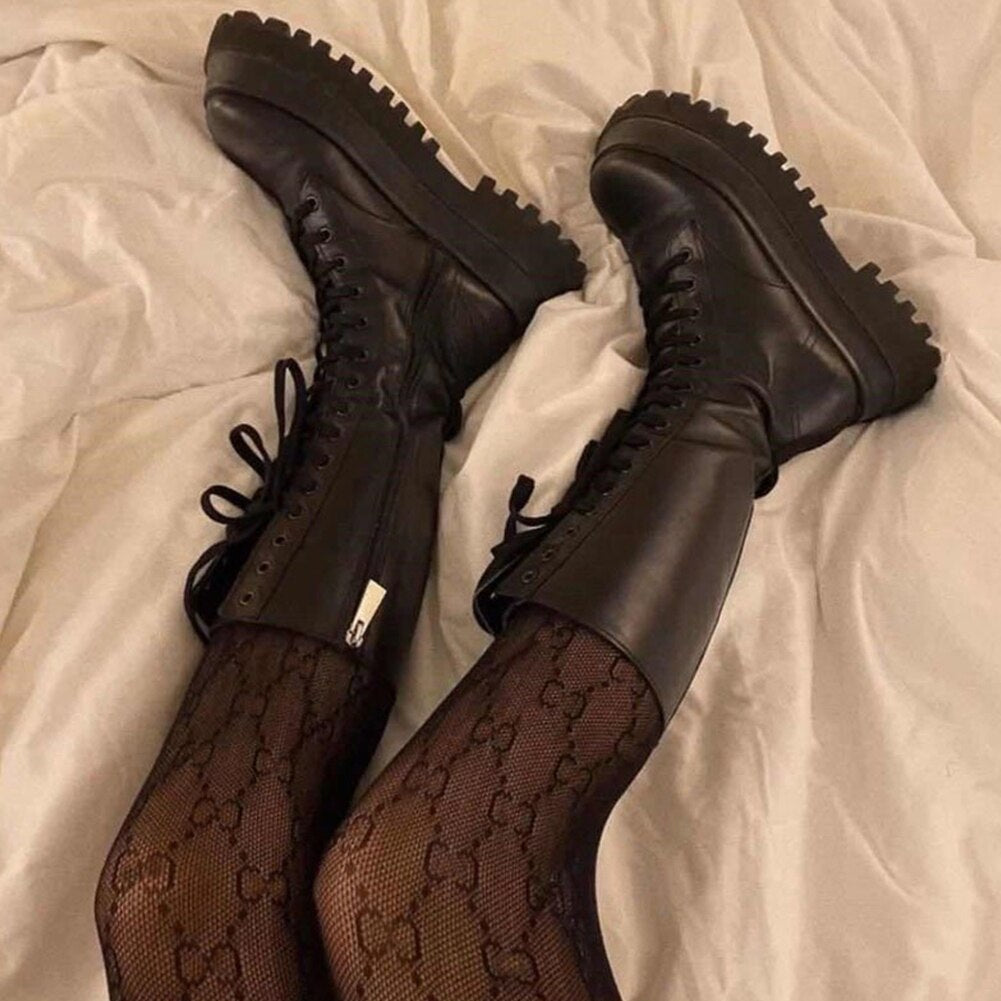 Women's Black Tall Lace-Up Boots with Lug Sole