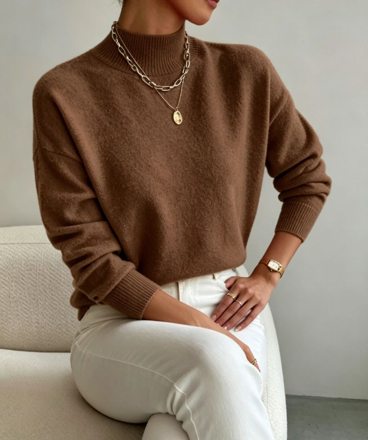 Women's Cozy Fine-Knit Sweater with Stand-Up Collar and Drop Shoulders