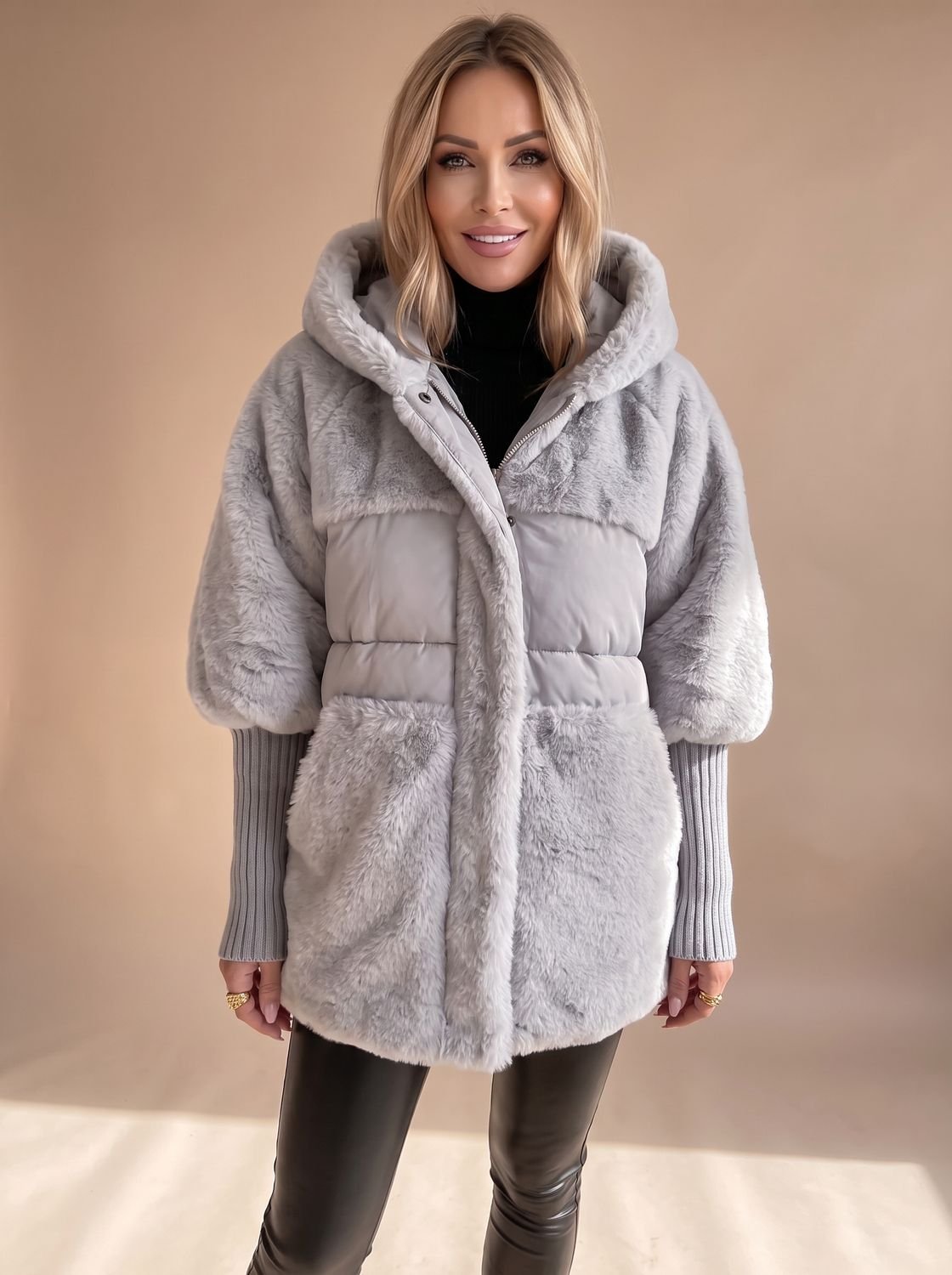 Women's Faux Fur Plush Hooded Quilted Winter Coat