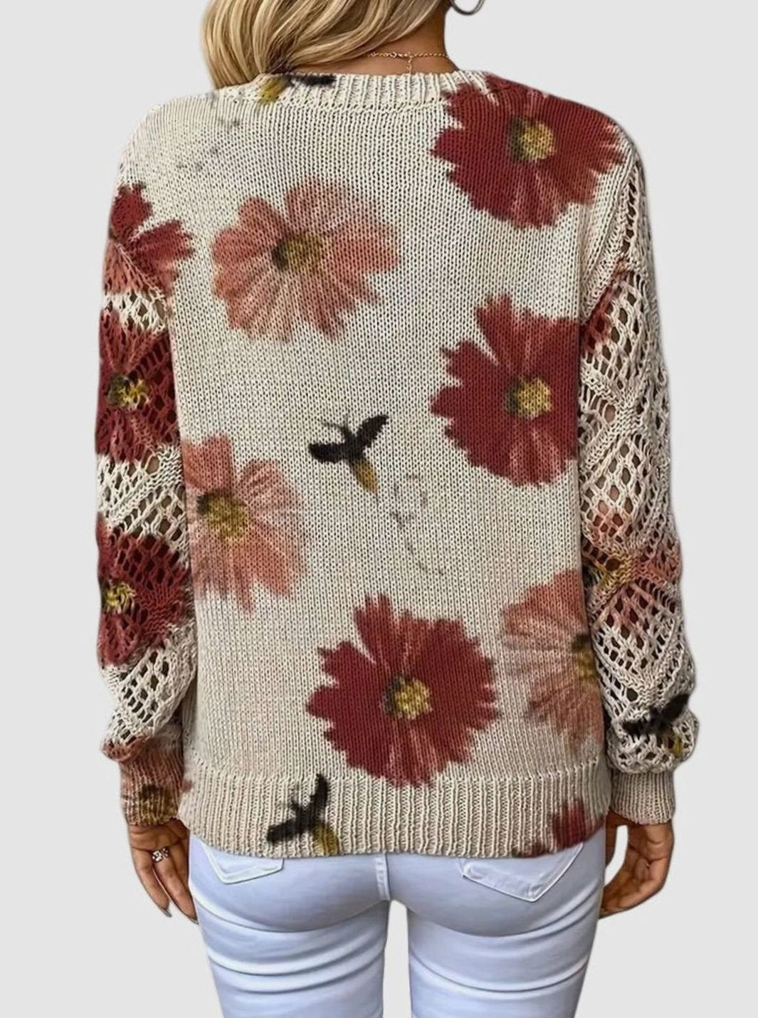 Women's Floral Knit V-Neck Pullover Sweater with Crochet Sleeves