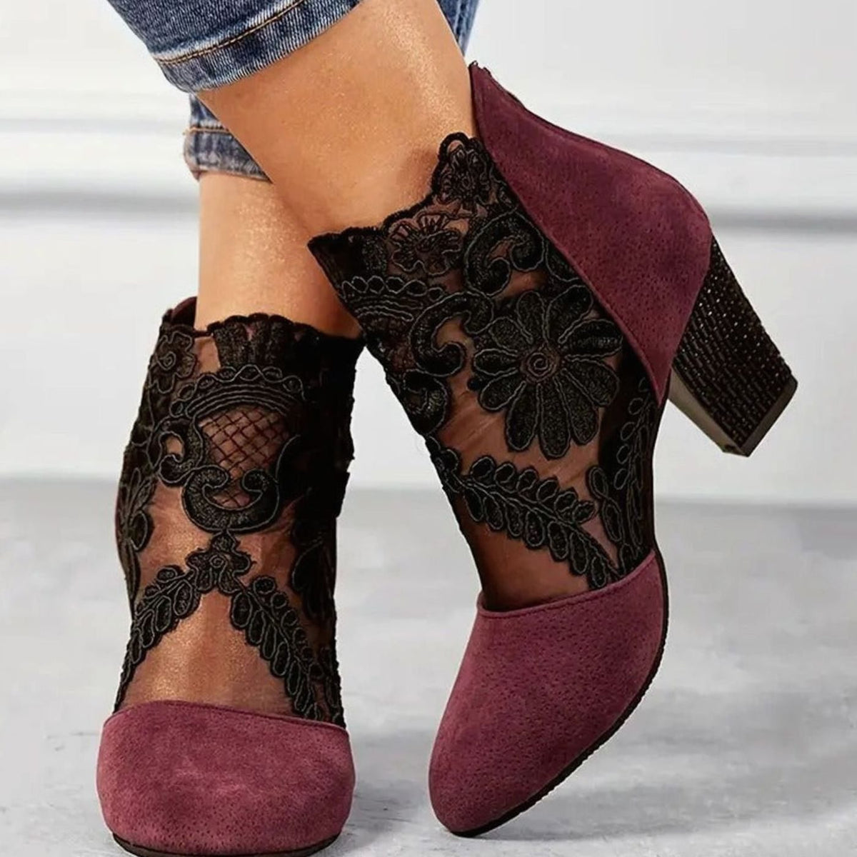 Women's Lace Embroidered Block Heel Ankle Boots