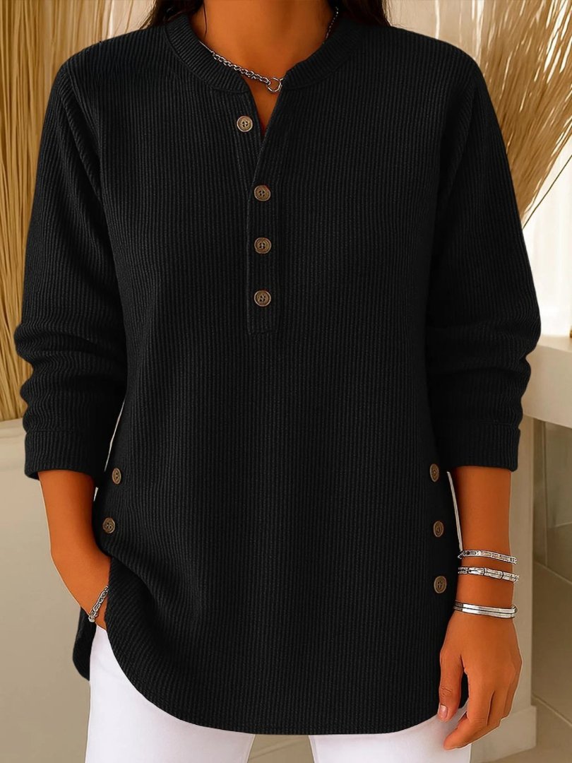 Women's Long-Sleeve Ribbed Knit Sweater with Button Details
