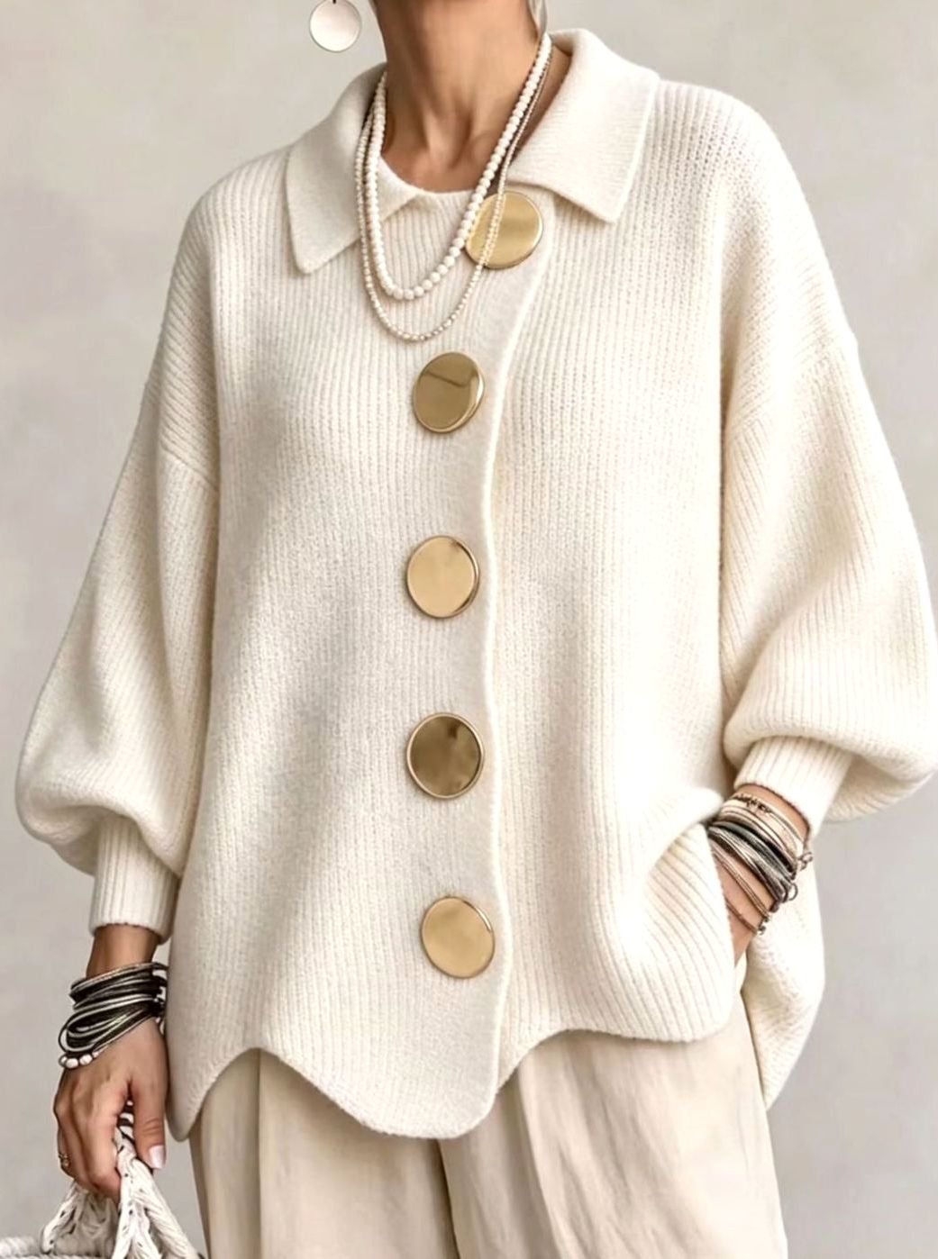 Women's Oversized Knit Cardigan with Gold Buttons and Lantern Sleeves