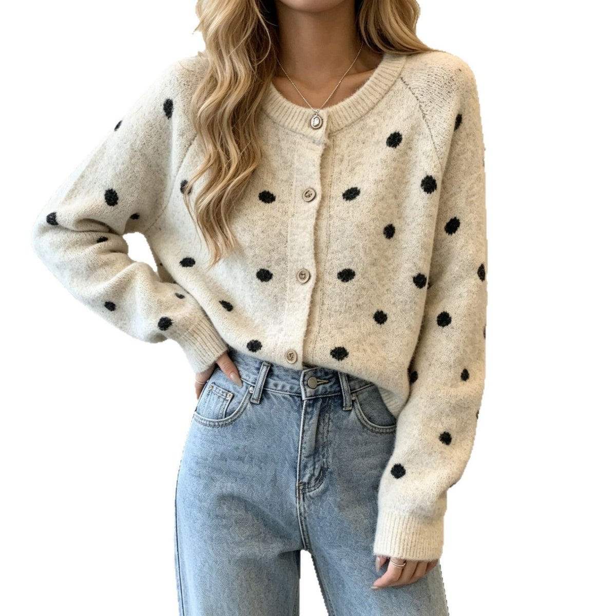 Women's Polka Dot Mohair-Style Round Neck Button Cardigan