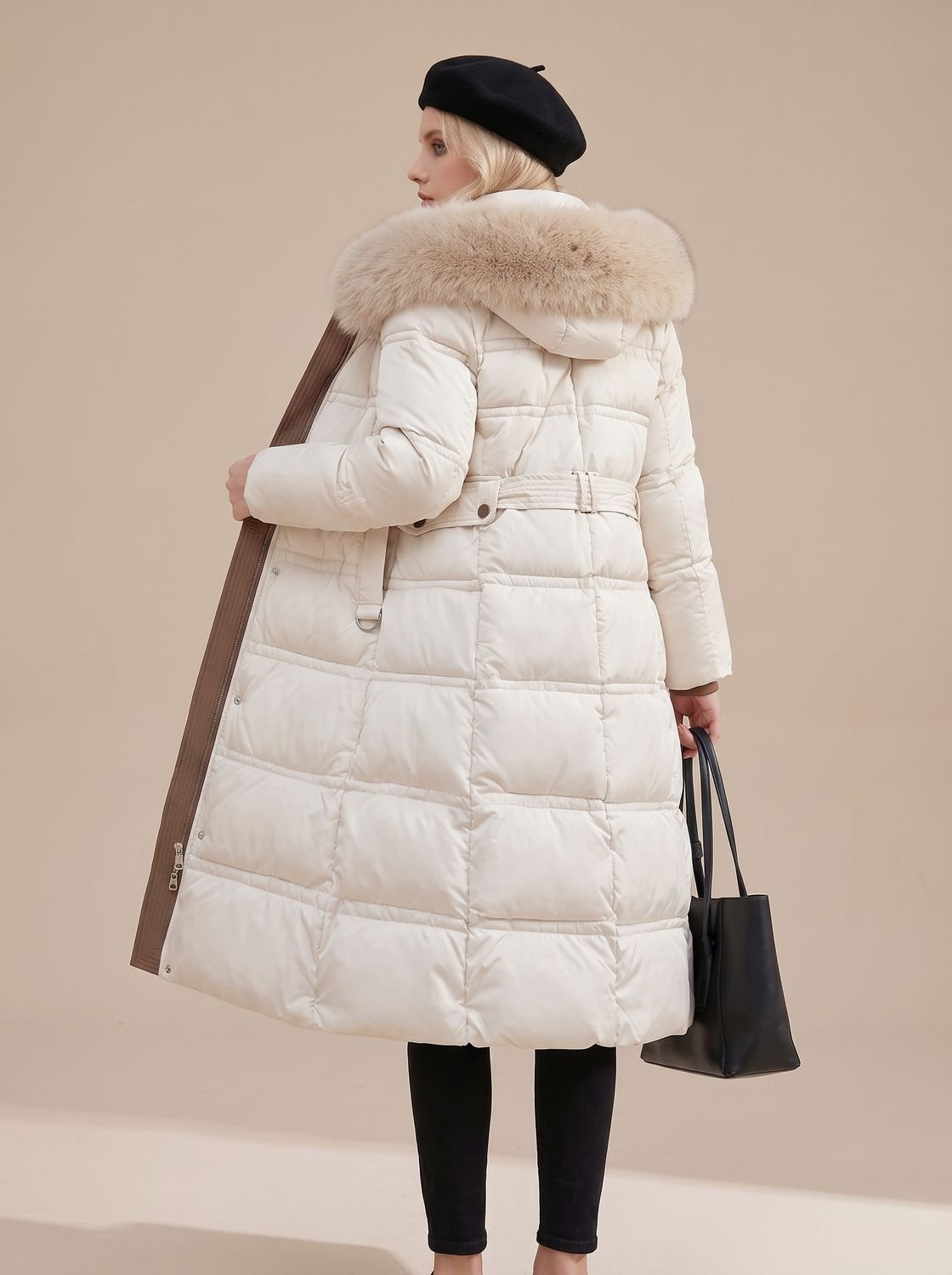 Women's Quilted Fur-Hood Full-Length Puffer Coat