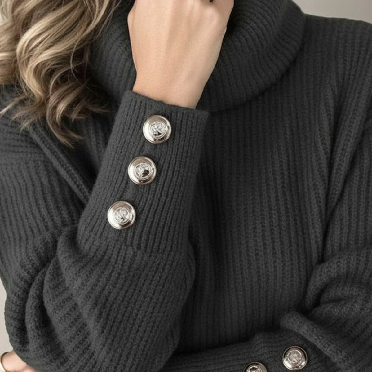Women's Relaxed-Fit Rib-Knit Turtleneck Sweater with Button Cuffs
