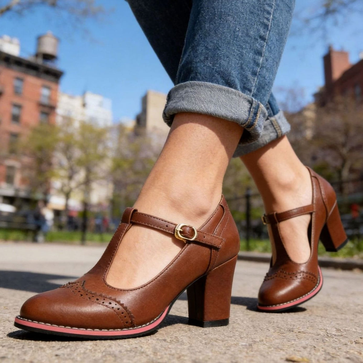 Women's Retro Brogue T-Bar Block Heel Pumps with Gold Buckle