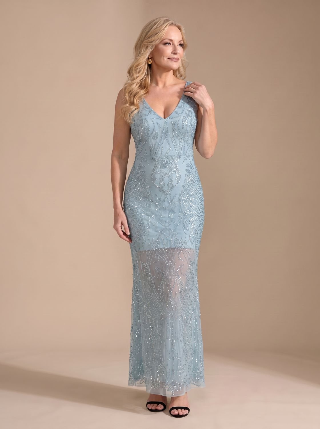 Women's Sequin Sheer Panel Fitted Maxi Christmas Party Dress