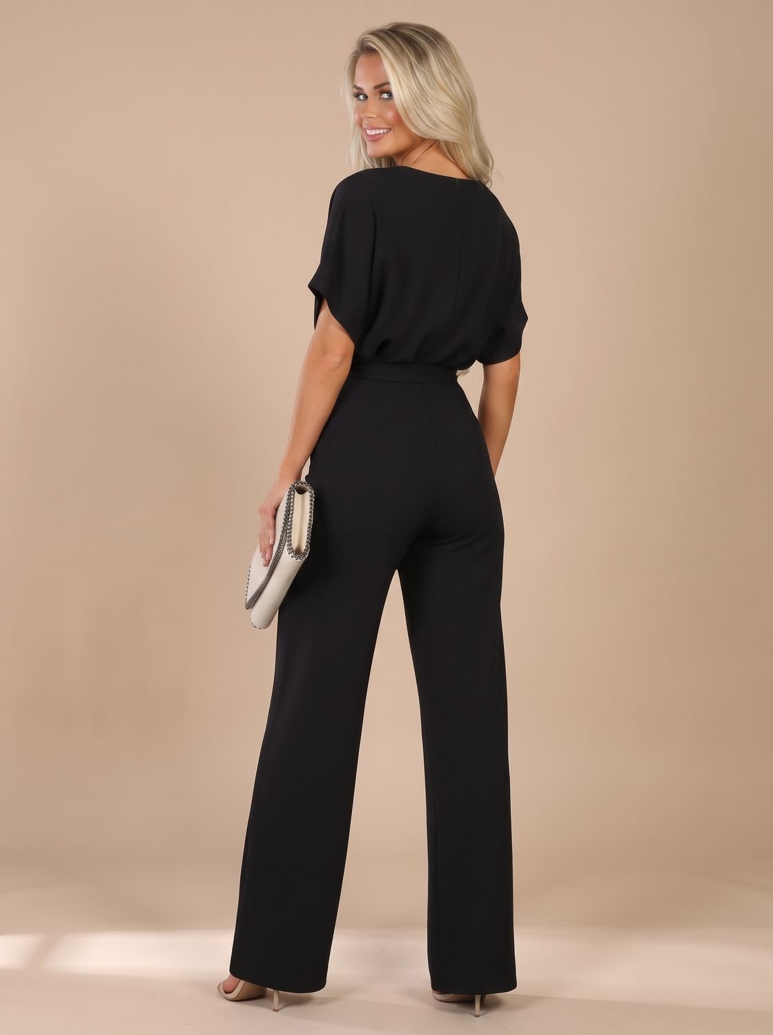 Women's Short-Sleeve Wide-Leg Jumpsuit with Tie Belt