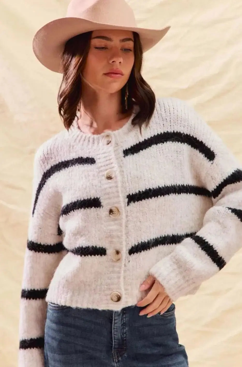 Women's Striped Button-Front Winter Knit Cardigan