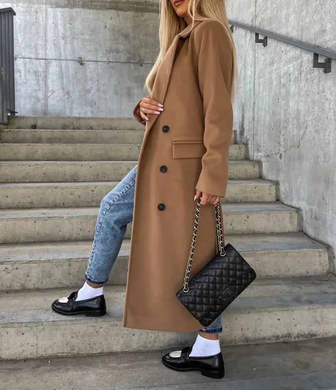 Women's Timeless Textured Double-Breasted Coat with Lapels