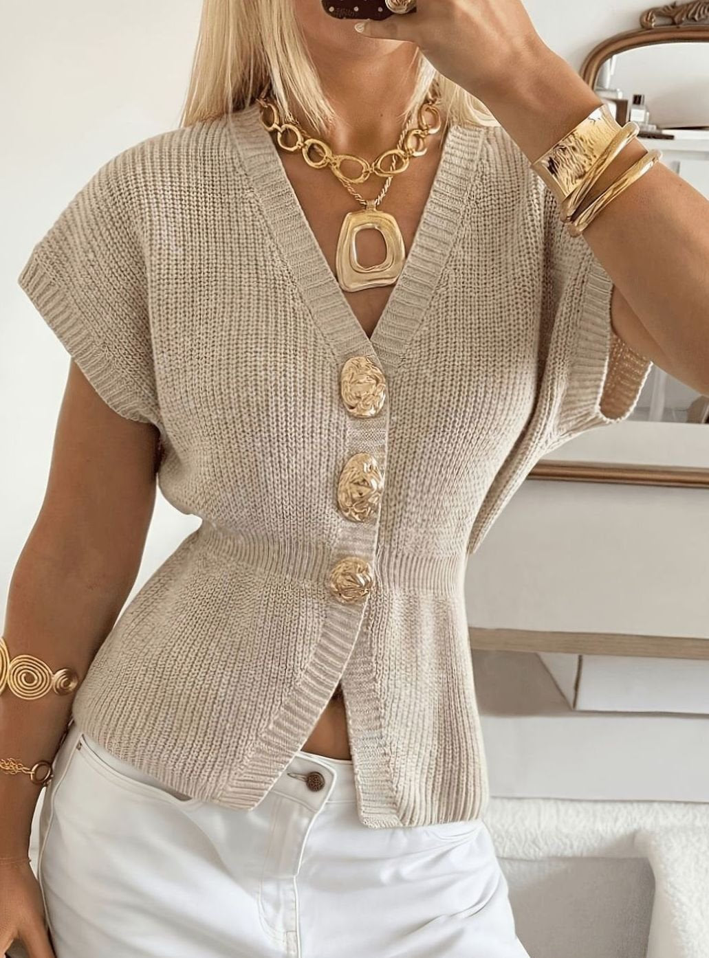 Women's V-Neck Gold-Button Knit Cardigan
