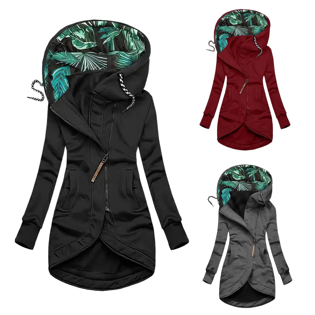 Women's Water-Resistant Rain Jacket with Asymmetrical Zip and Palm-Print Lining