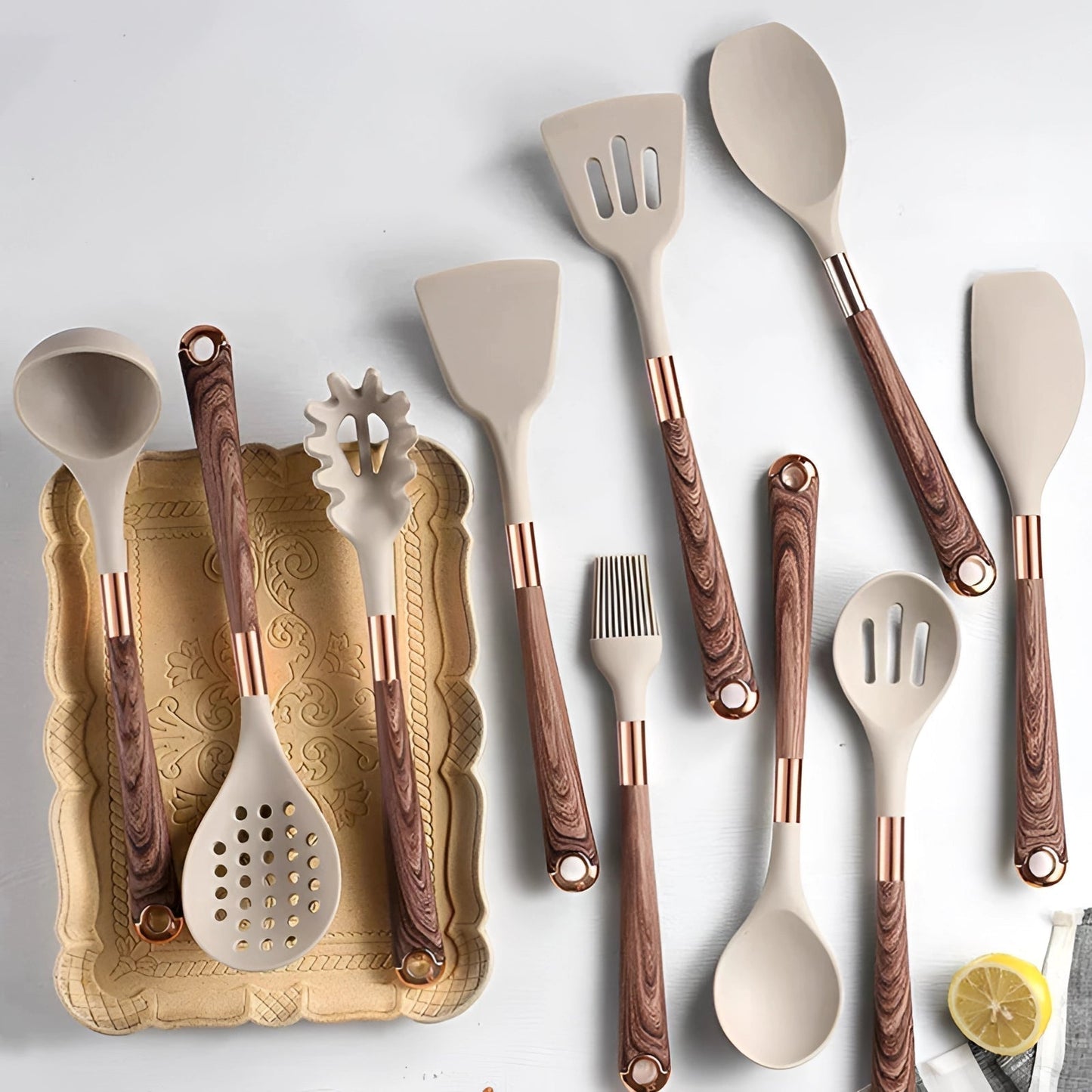 10-Piece Ergonomic Silicone Kitchen Utensil Set with Wooden Handles and Copper Hardware