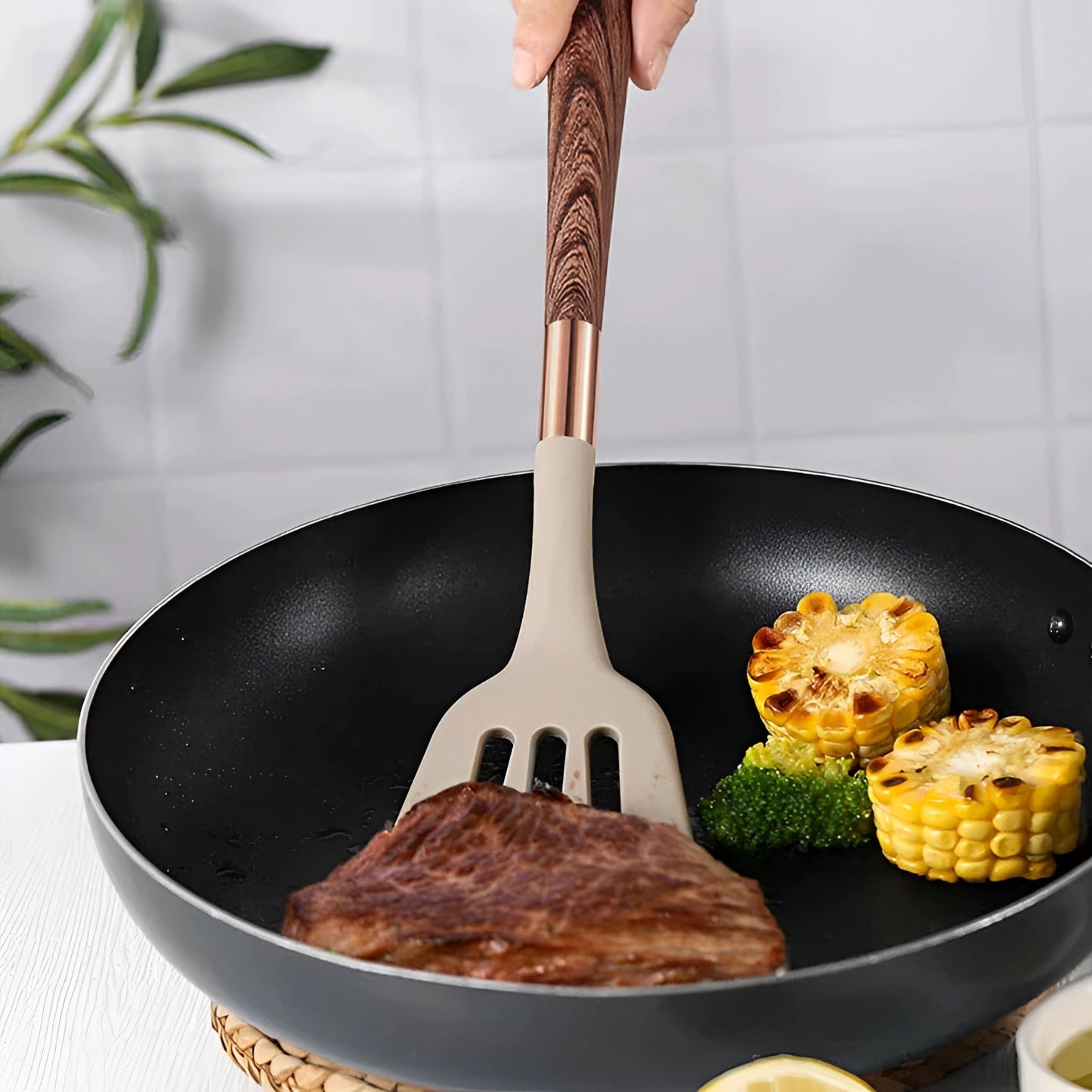 10-Piece Ergonomic Silicone Kitchen Utensil Set with Wooden Handles and Copper Hardware