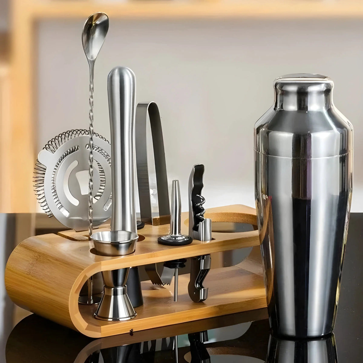 10-Piece Stainless Steel Cocktail Tool Set with Bamboo Stand
