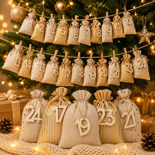 2026 Advent Calendar Bags — 24 Numbered Fillable Gift Bags