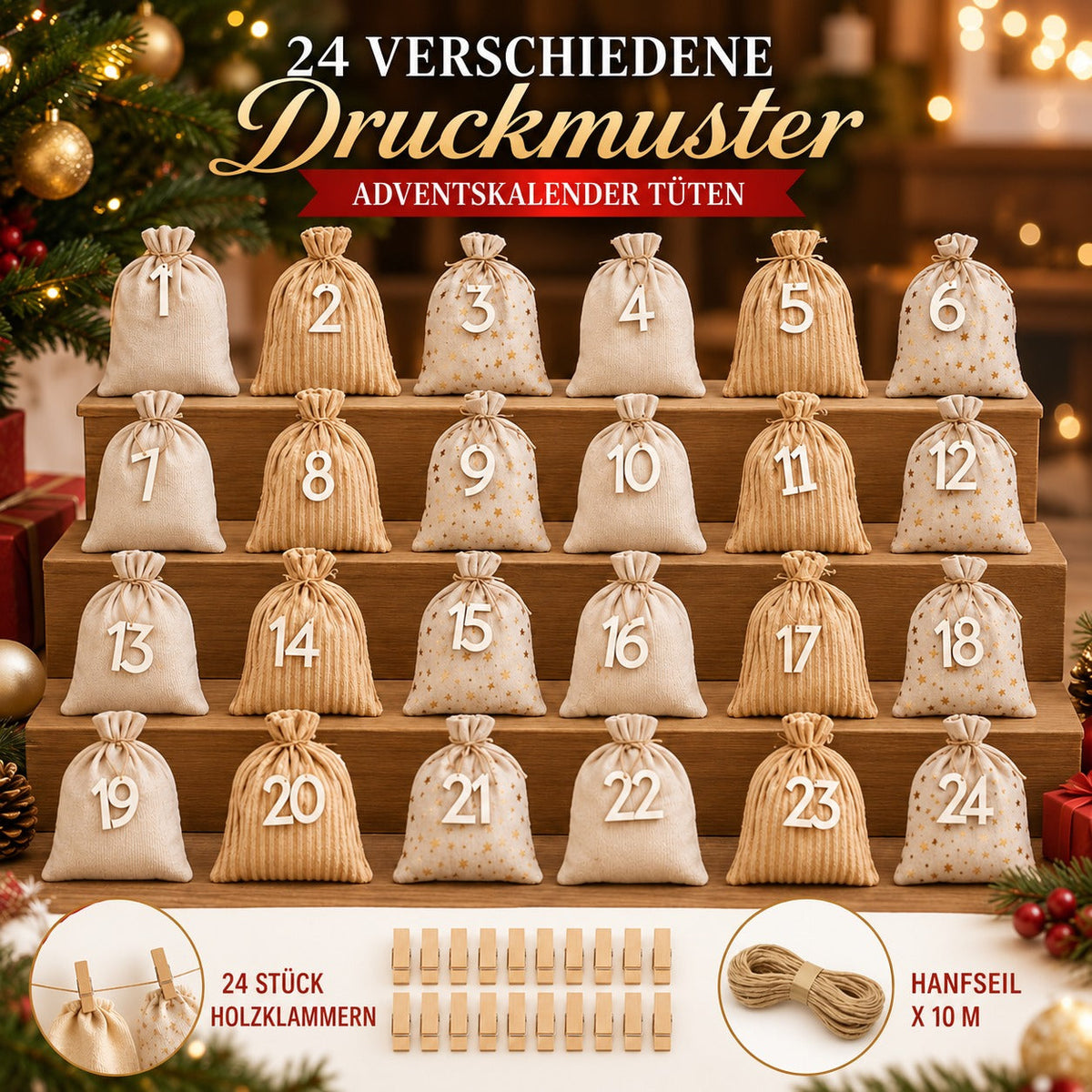 2026 Advent Calendar Bags — 24 Numbered Fillable Gift Bags