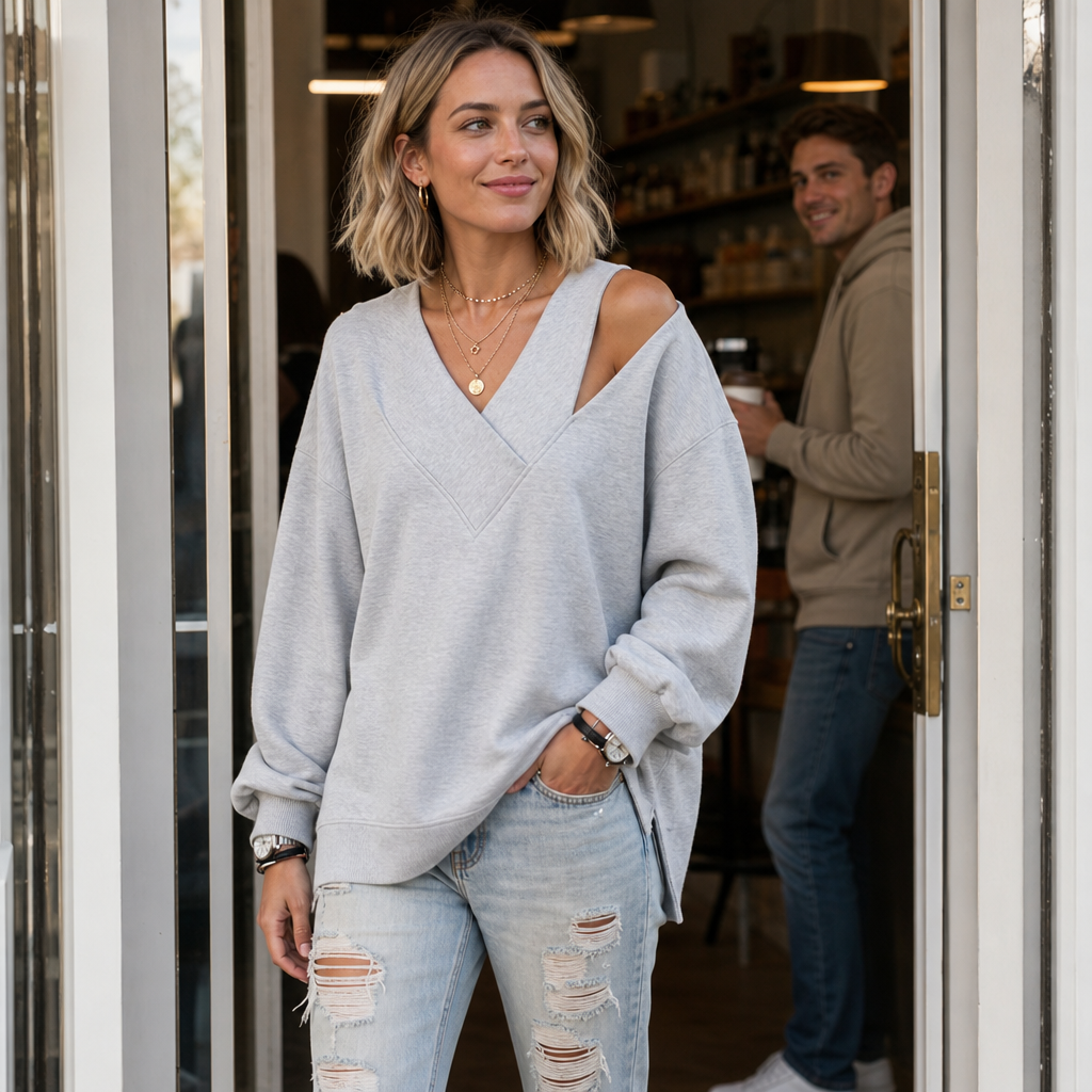 Asymmetric Cutout Shoulder Oversized Sweatshirt