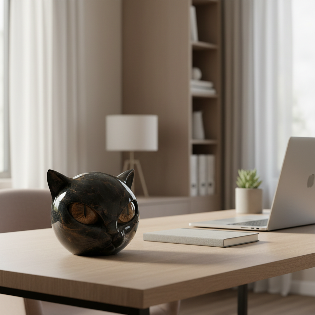 Black Cat Head Sculpture with Hypnotic Eyes