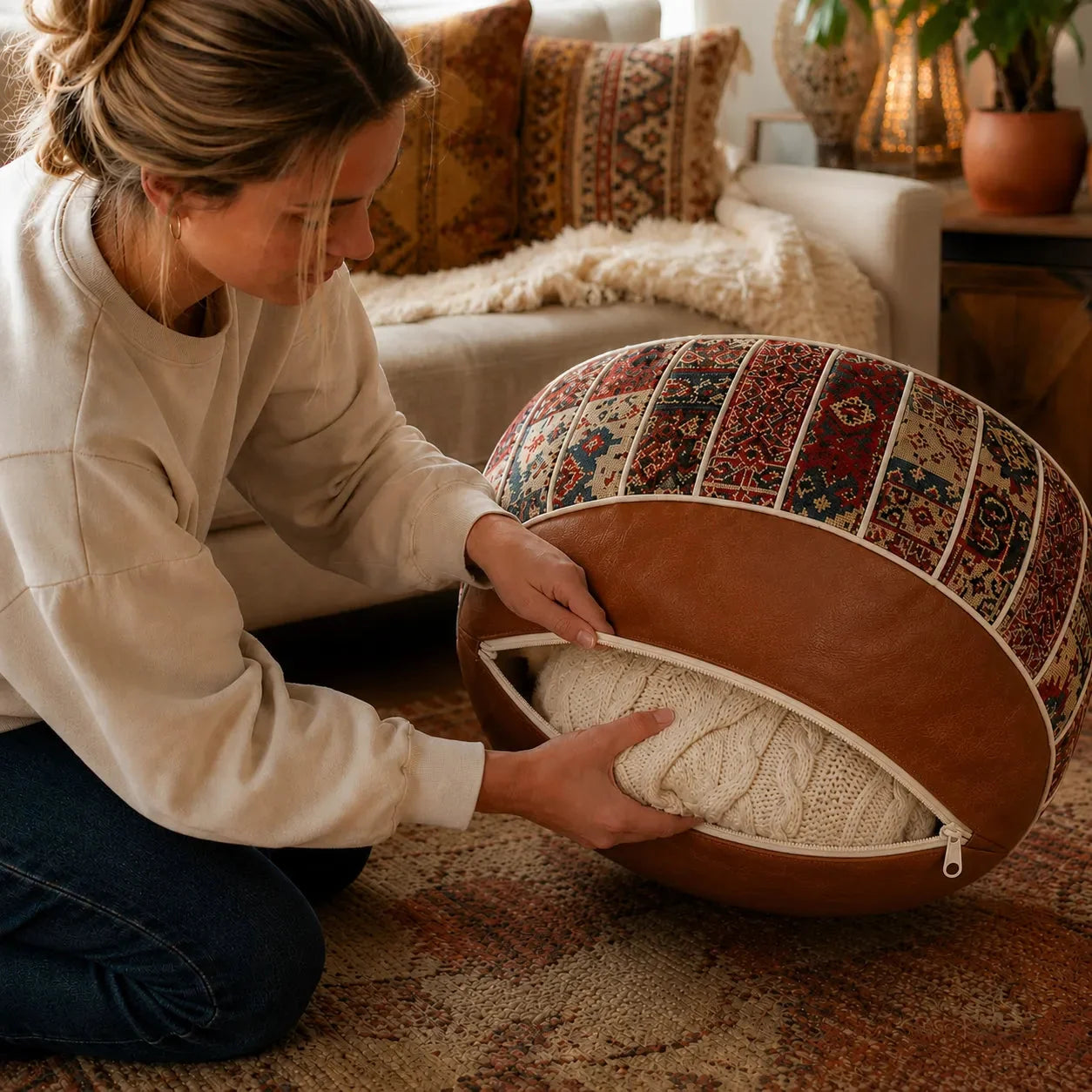 Bohemian Storage Ottoman Pouf with Hidden Compartment