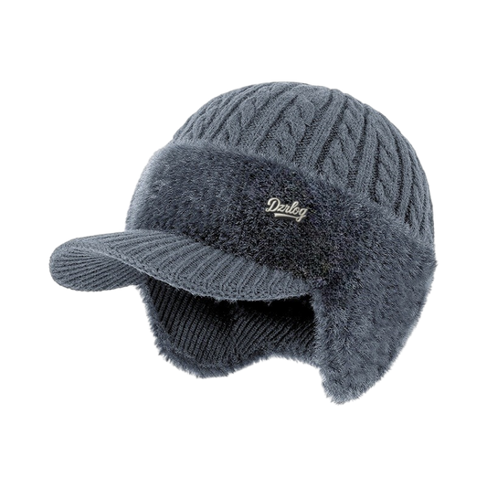 Cable-Knit Visor Beanie with Ear Flaps and Faux Fur Fleece Lining