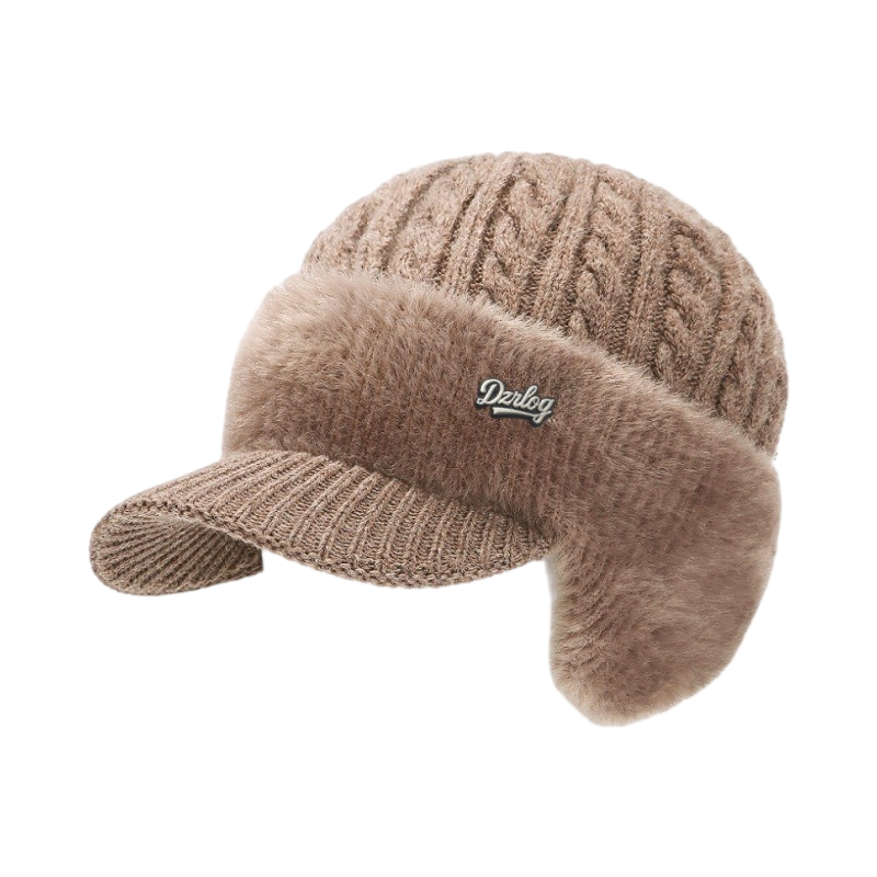 Cable-Knit Visor Beanie with Ear Flaps and Faux Fur Fleece Lining