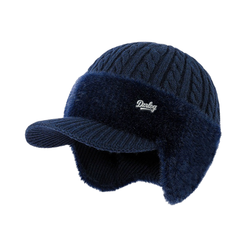 Cable-Knit Visor Beanie with Ear Flaps and Faux Fur Fleece Lining