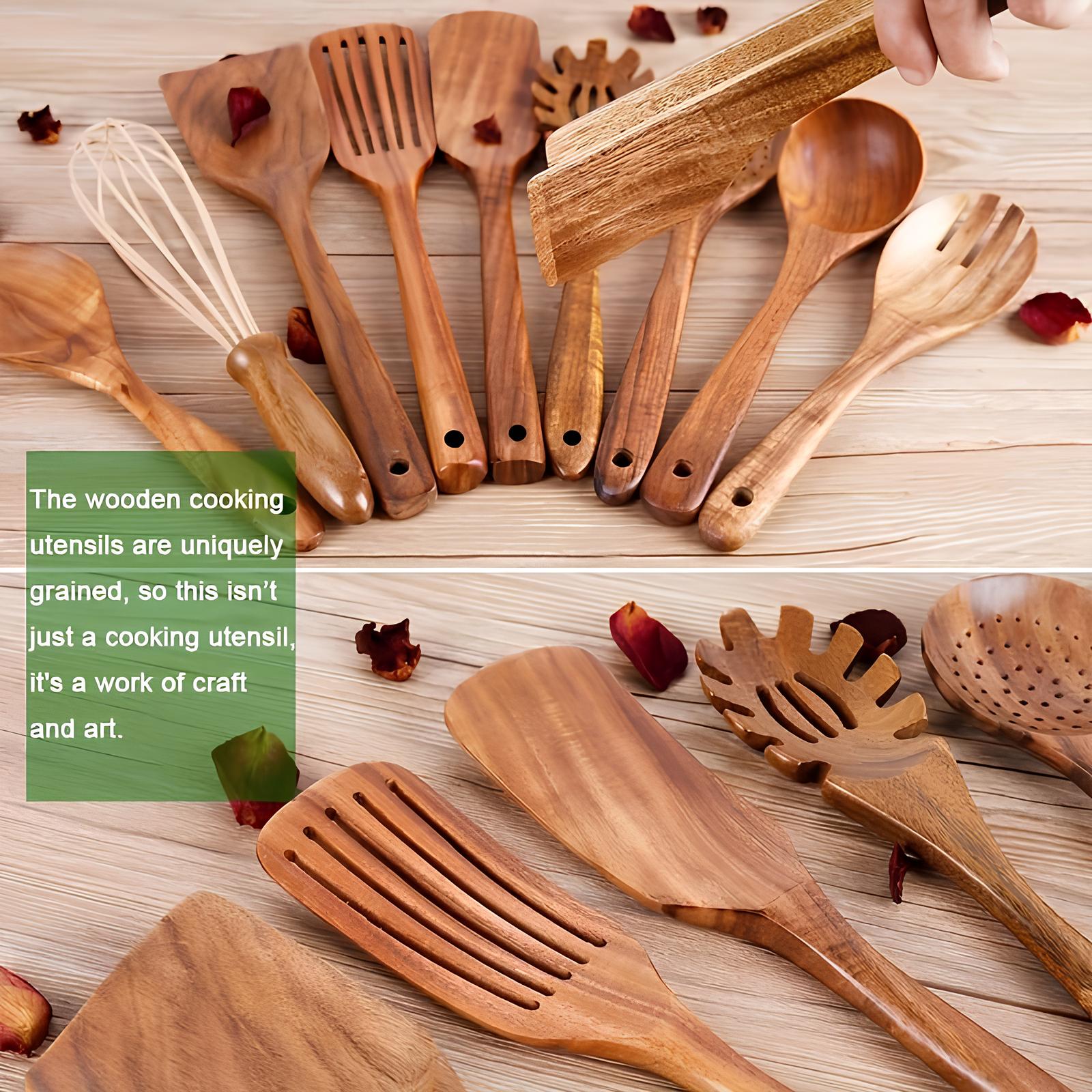 Charly | 11-Piece Teak Kitchen Tool Set | With Holder | Natural Wood