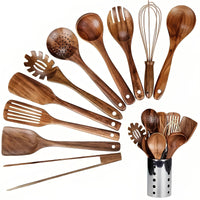 Sisica | 11-Piece Natural Teak Cooking Utensil Set with Holder