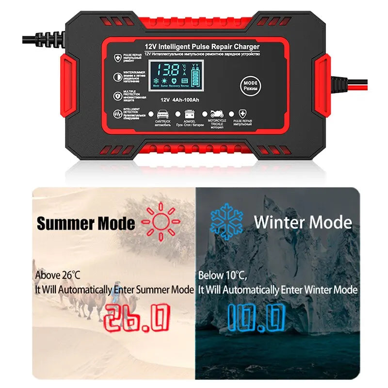 Charly | 12V 6A Smart Car Battery Charger | Pulse Repair, LCD Display & Fast Charging for AGM, Gel & Lead Acid Batteries