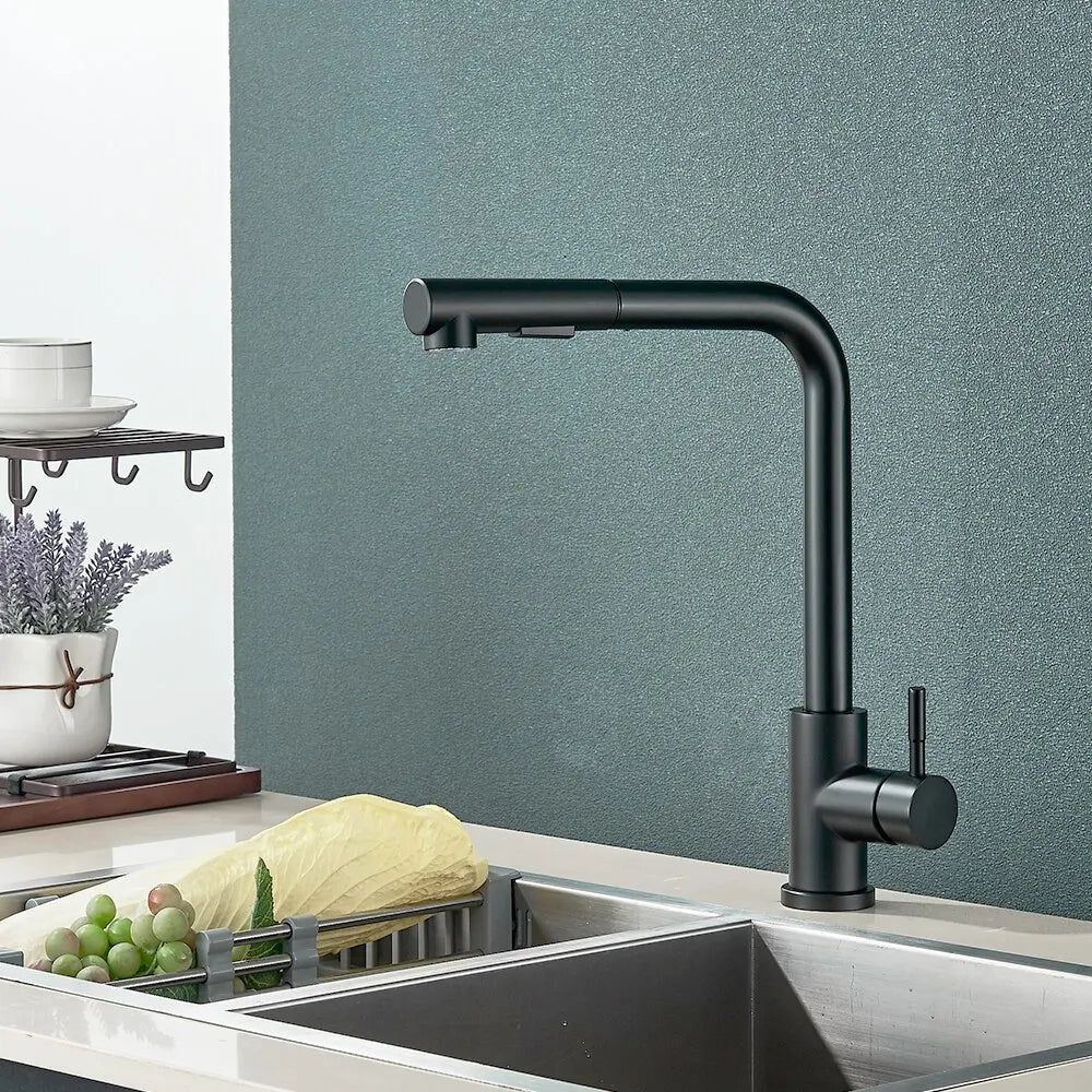 Charly | Black Pull-Out Kitchen Faucet - Flexible 2-Mode Stream and Spray Head, Stainless Steel Hot-Cold Water Mixing Tap