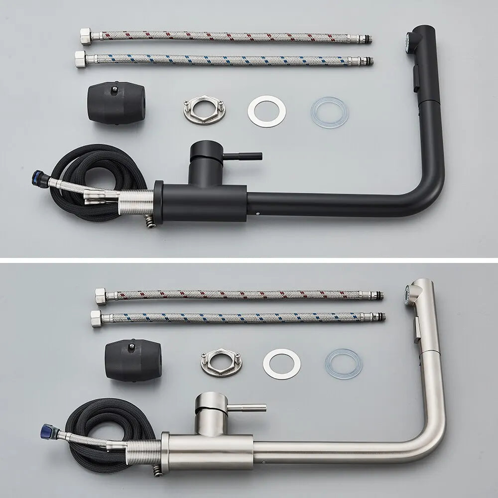 Charly | Black Pull-Out Kitchen Faucet - Flexible 2-Mode Stream and Spray Head, Stainless Steel Hot-Cold Water Mixing Tap