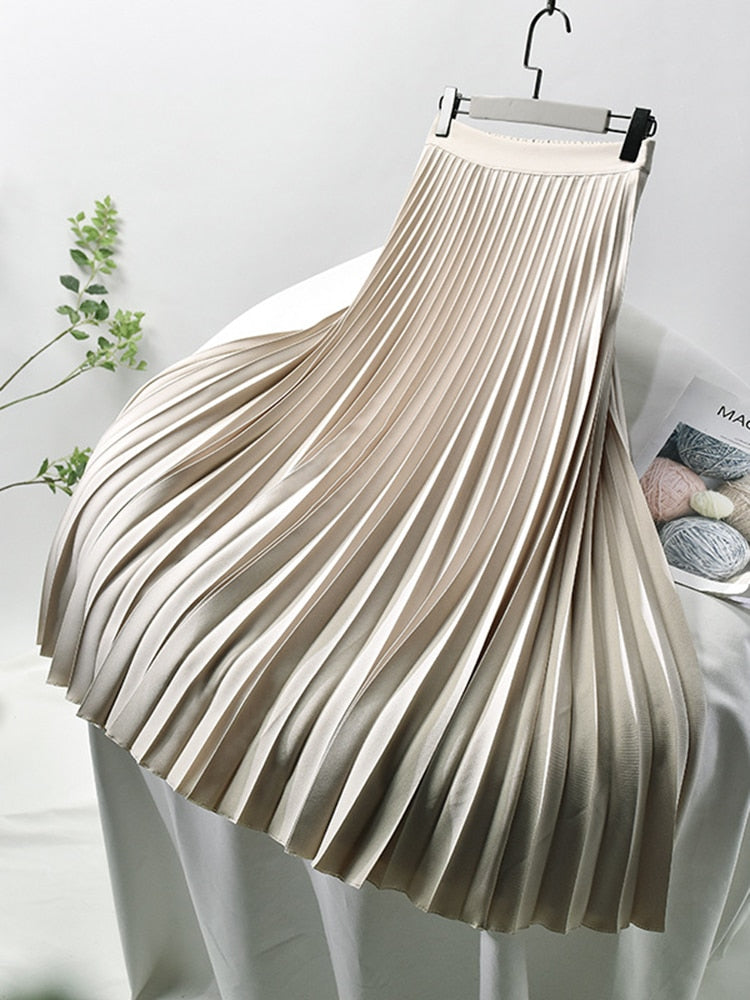 Charly Brand Designer Women's Elegant Chic Solid Pleated Skirt High Waist Luxury Fashion
