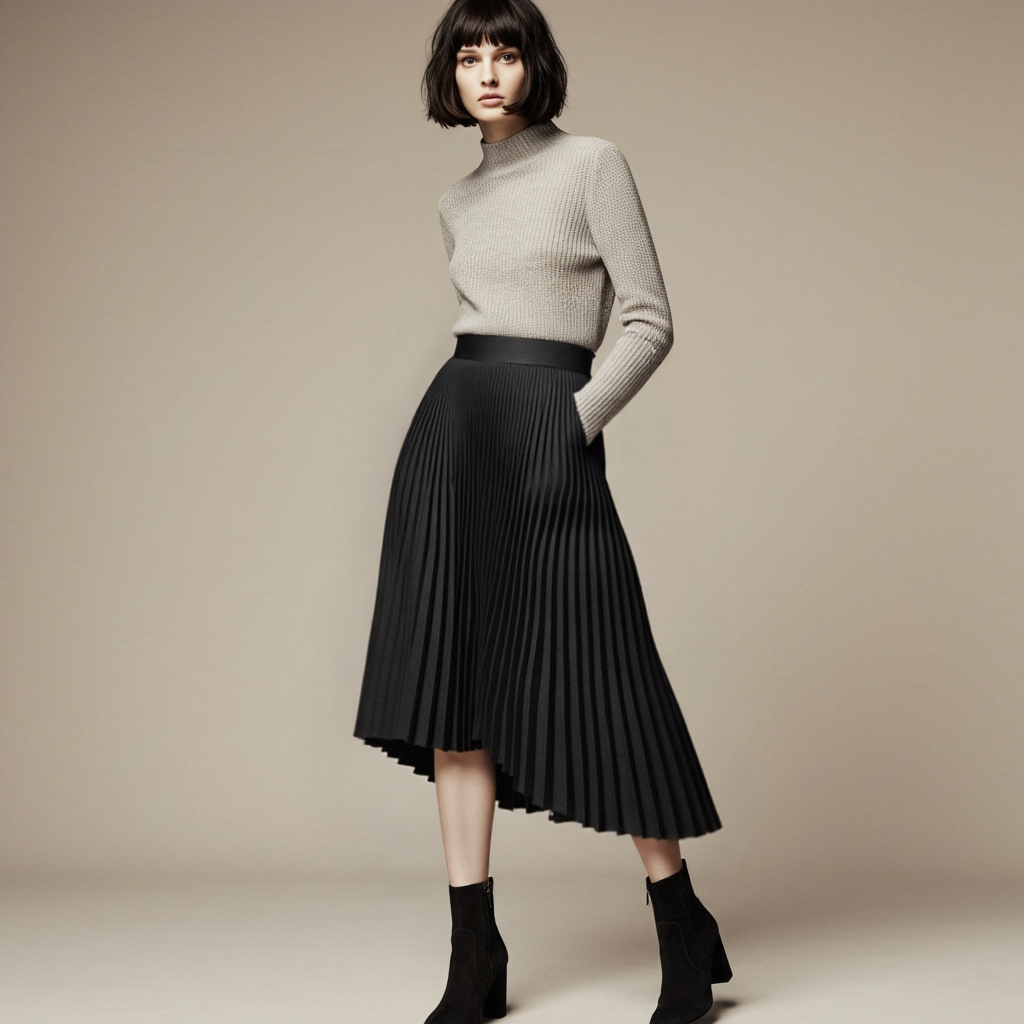 Charly Brand Designer Women's Elegant Chic Solid Pleated Skirt High Waist Luxury Fashion